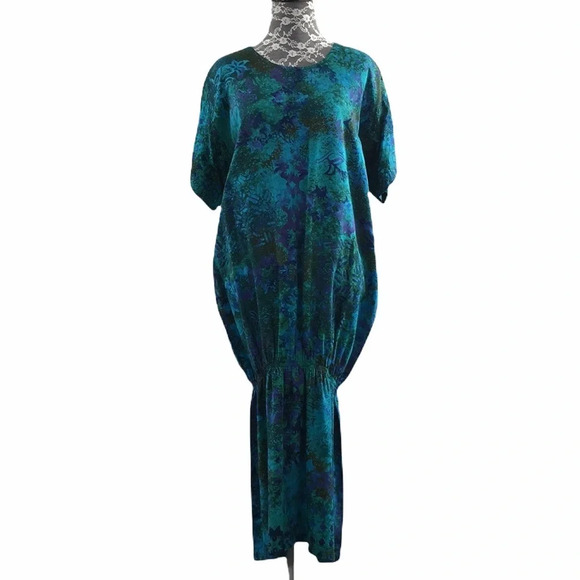 Tropical Tantrum Hawaii Green Blue Floral Midi Dress Women Small Medium Hawaiian - Picture 1 of 9